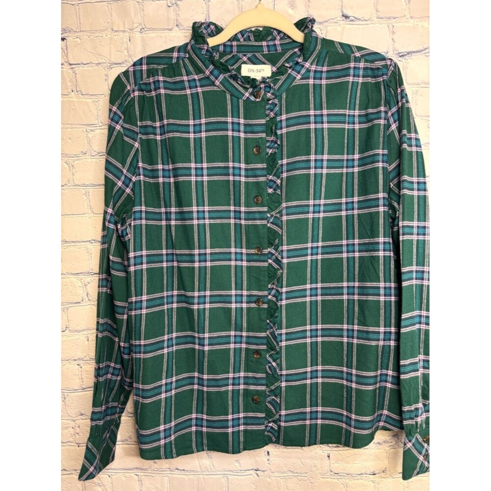 On 34th Green Plaid Flannel Ruffle Trim Festive Classic Button Down Shirt L